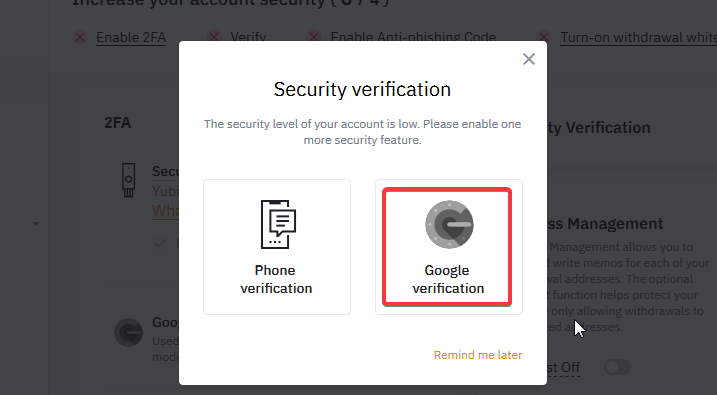 انتخاب Google verification برای فعال سازی تائید دو مرحله ای صرافی بایننس